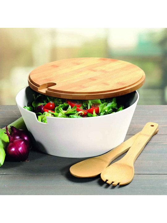 Bowl KESPER 32620 SALAD PLASTIC WITH BANBOO CUTLERY WHITE 