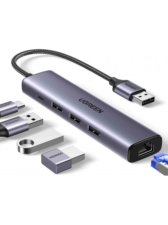 Usb-узел UGREEN 3 Port USB 3.0+1 RJ45+PD (SL) (60554)