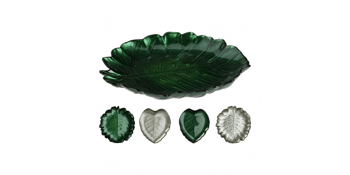 Plate KOOPMAN 044400120 GLASS DIA DES.LEAF 19CM GRENN/SILVER (432627)