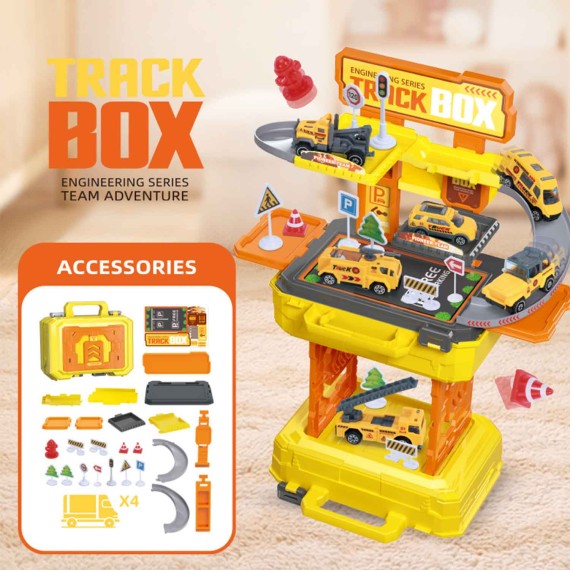 Машины XIMI 6941963943017 ENGINEERING SERIES TRACK TOY WITH PORTABLE STORAGE BOX - 4 TRUCKS (YELLOW) (943017)