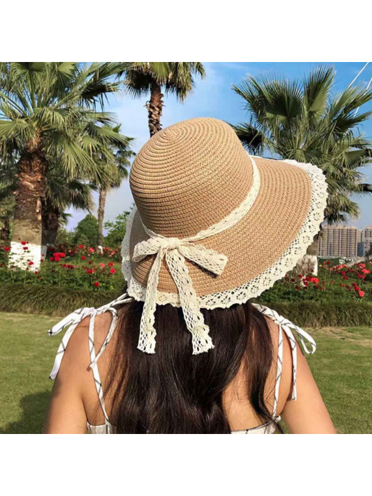 Ամառային գլխարկներ XIMI 6941963960205 ELEGANT PASTORAL LACE BOWKNOT BRAIDED HAT (KHAKI) (960205)