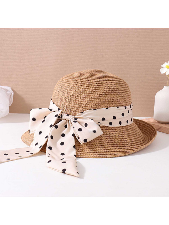 Ամառային գլխարկներ XIMI 6941963960212 POPULAR POLKA DOT BOWKNOT SUNSHADE BRAIDED HAT (KHAKI) (960212)