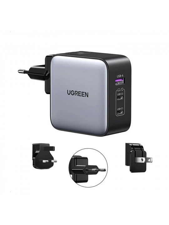 Power adapter UGREEN CD296 GaN Fast Charging 65W PD 3 Ports (Grey) (90409)