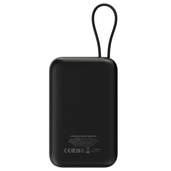 Внешние зарядные устройства CANYON OnPower 101 10000mAh Bulit-in Cable PD 22.5W (Black) (CNS-CPB101BK)