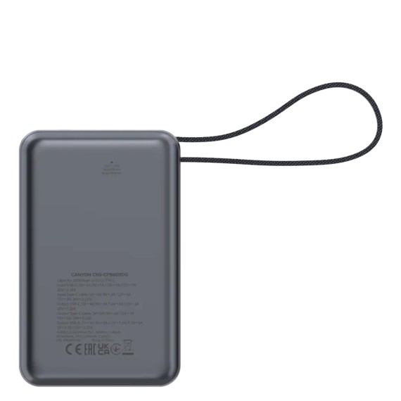 Внешние зарядные устройства CANYON OnPower 600 20000mAh Bulit-in Cable PD 65W (Dark Gray) (CNS-CPB600DG)