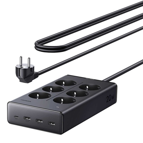 Հոսանքի երկարացման լար UGREEN 6-outlet power strip with 3x USB-A 1x USB-C 20W 1.5m (Black) (75141)