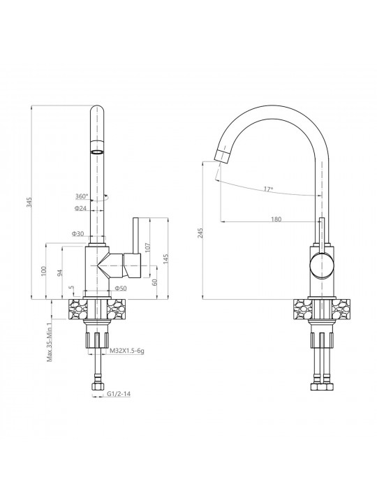 Kitchen tap GRANFEST СМЕСИТЕЛЬ U-обр 3650 D-35мм иней 