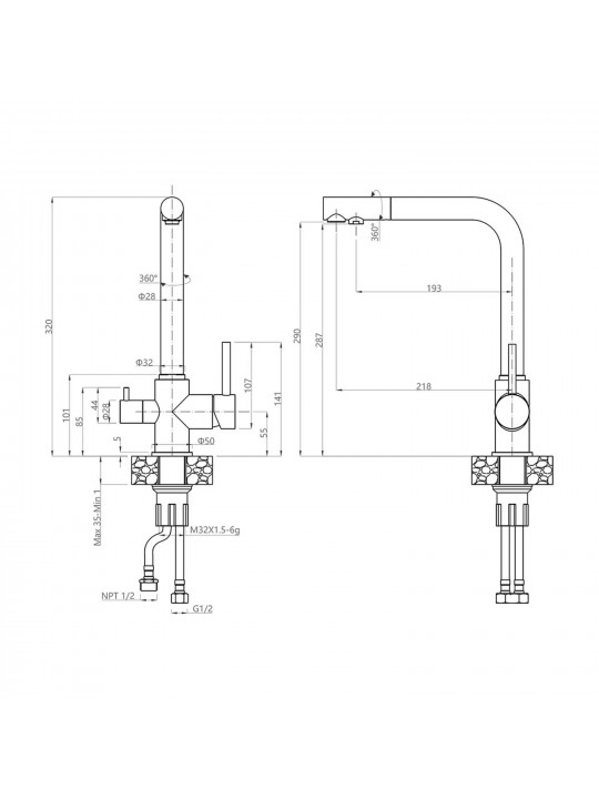 Kitchen tap GRANFEST СМЕСИТЕЛЬ Г-обр 3611 С краном питьевой воды D-35мм белый 