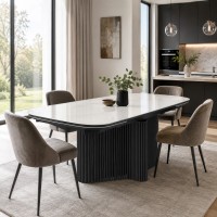 Dining table MAMADOMA BENEDIKT-200, РАЗДВИЖНОЙ 200(35+35)X110, БРЕКЧИЯ ГЛЯНЕЦ ПРЕМИУМ КЕР/ЧЕРНЫЙ (2 упак.) 