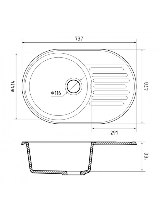 Kitchen sink GRANFEST QUARZ 18 1-чаша+крыло 740*480 мм белый 