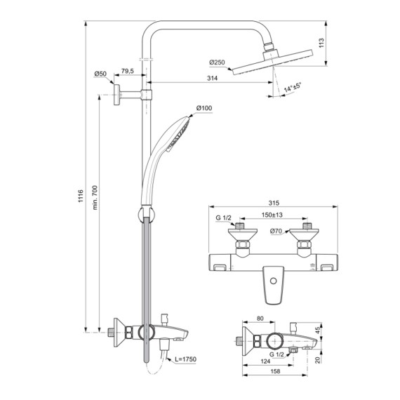 Ցնցուղ-ծորակ IDEAL STANDARD CERATHERM T25+SHR SYS (A7629AA)