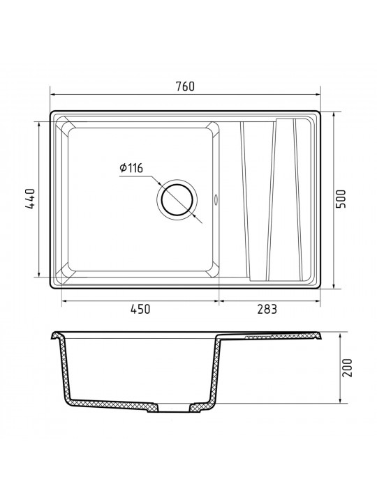 Kitchen sink GRANFEST LEVEL 760L 1-чаша+крыло 760*500 мм черный 