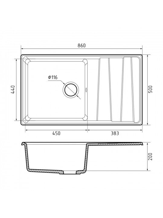 Kitchen sink GRANFEST LEVEL 860L 1-чаша+крыло 860*500 мм черный 