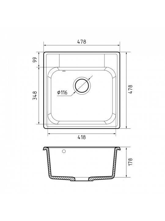 Kitchen sink GRANFEST QUARZ 48 1-чаша 480*480 мм белый 