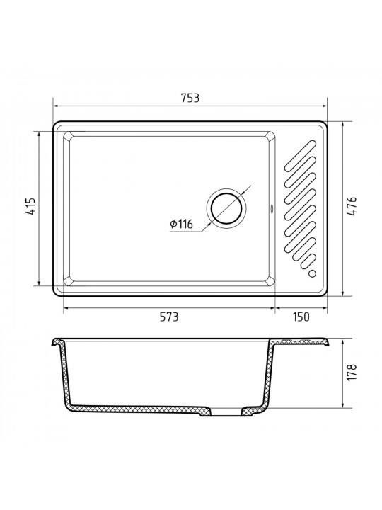 Kitchen sink GRANFEST QUARZ 51 1-чаша+крыло 760*480 мм серый 