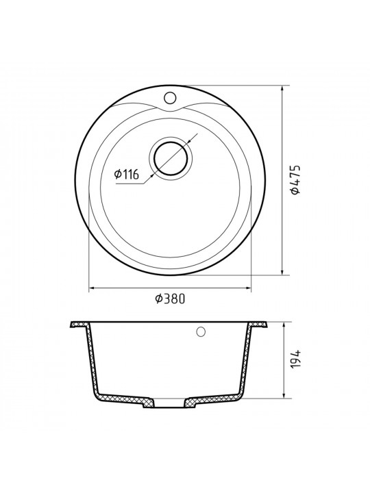 Kitchen sink GRANFEST RONDO 480 1-чаша D-475 мм иней 