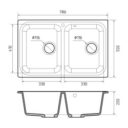 Kitchen sink GRANFEST STANDART 780K 2-чаши 780*510 мм иней 