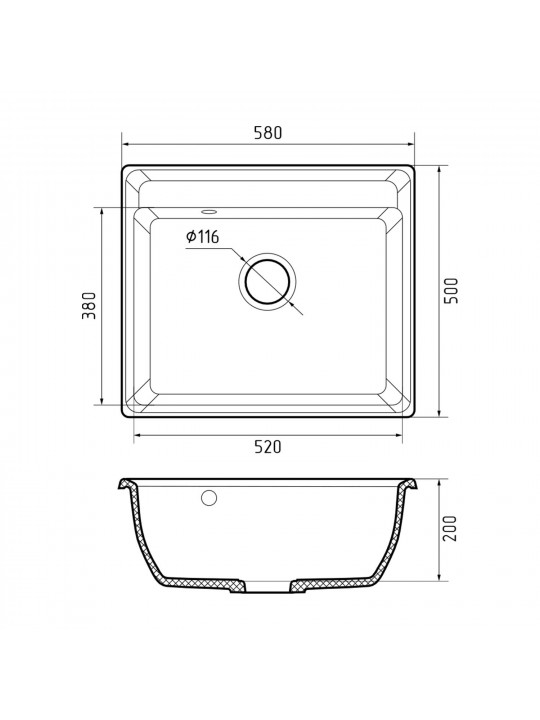 Kitchen sink GRANFEST VERTEX 580 1-чаша 580*500 мм графит 