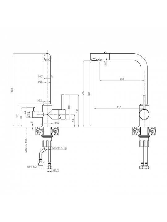 Kitchen tap GRANFEST СМЕСИТЕЛЬ Г-обр 3611 С краном питьевой воды D-35мм иней 