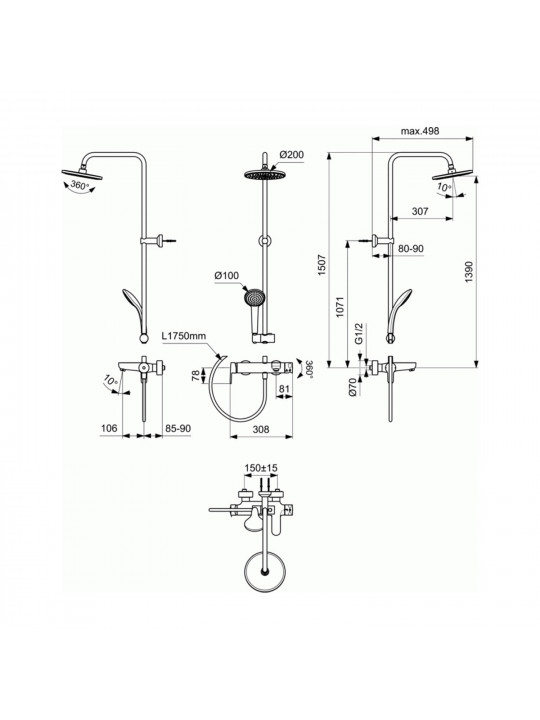 Душ-кран IDEAL STANDARD CERAFINE O BSH MXR SHRSYS SL EX CHROME (BC749AA)