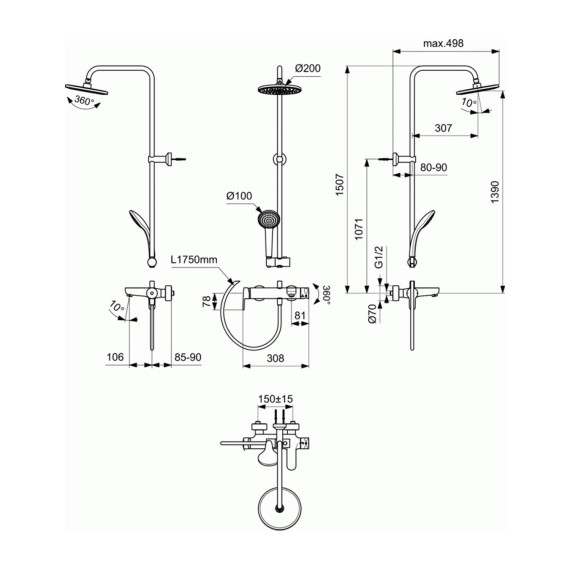 Душ-кран IDEAL STANDARD CERAFINE O BSH MXR SHRSYS SL EX CHROME (BC749AA)