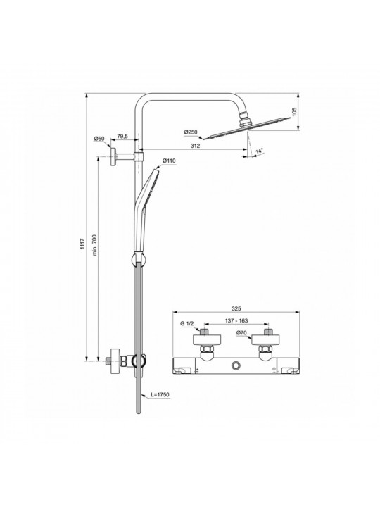 Душ-кран IDEAL STANDARD CERATHERM T50 SHRSYS TH EXP 250MM EVO (A7565AA)