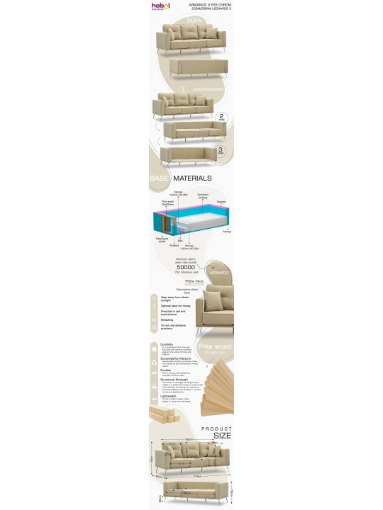 Բազմոց HOBEL ARMANDO 3 STR CHROM 20SM/CREAM LEONARDO 3 (1) 
