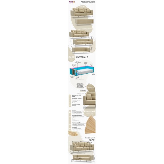 Диван HOBEL ARMANDO 3 STR CHROM 20SM/CREAM LEONARDO 3 (1) 