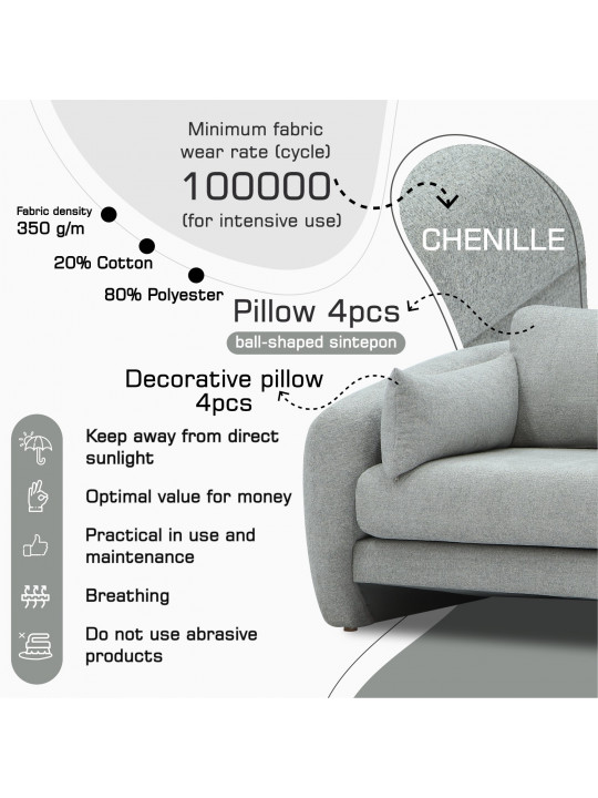 Гарнитур HOBEL CHILI 3+1+1 LIGHT GREY BEATTO 1067 (3) 