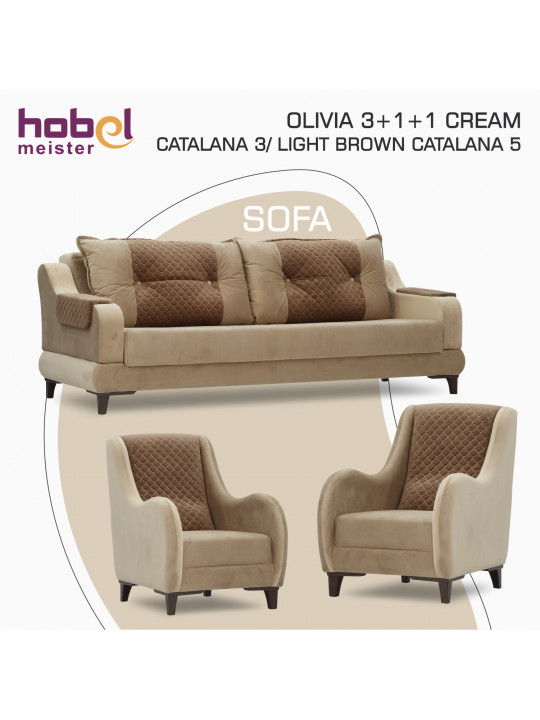 Sofa set HOBEL OLIVIA 3+1+1 CREAM CATALANA 3 / LIGHT BROWN CATALANA 5(4) 