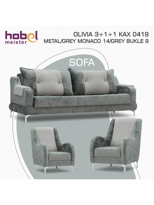 Sofa set HOBEL OLIVIA 3+1+1 KAX 0419 METAL/GREY MONACO 14/GREY BUKLE 9 (4) 