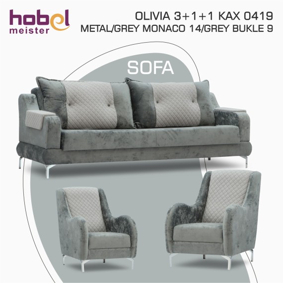 Гарнитур HOBEL OLIVIA 3+1+1 KAX 0419 METAL/GREY MONACO 14/GREY BUKLE 9 (4) 