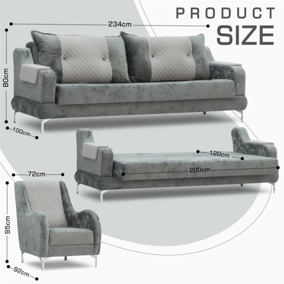 Гарнитур HOBEL OLIVIA 3+1+1 KAX 0419 METAL/GREY MONACO 14/GREY BUKLE 9 (4) 