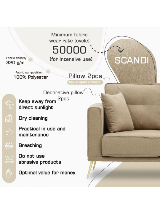 Բազմոց HOBEL ARMANDO 2 STR GOLD 18SM/BEIGE SCANDI 4 (1) 