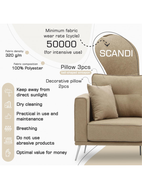 Բազմոց HOBEL ARMANDO 3 STR CHROM 18SM/BEIGE SCANDI 4 (1) 