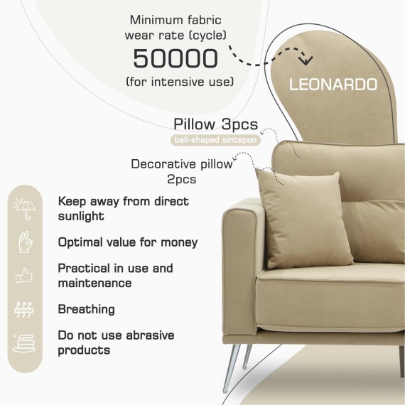 Диван HOBEL ARMANDO 3 STR CHROM 20SM/CREAM LEONARDO 3 (1) 