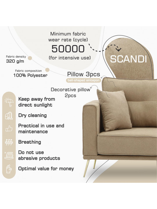 Բազմոց HOBEL ARMANDO 3 STR GOLD 18SM/BEIGE SCANDI 4 (1) 