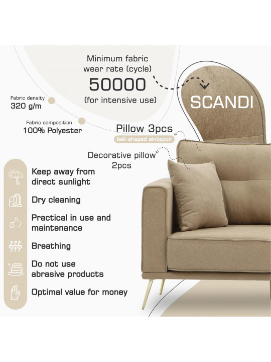 Բազմոց HOBEL ARMANDO 3 STR GOLD 20SM/BEIGE SCANDI 4 (1) 