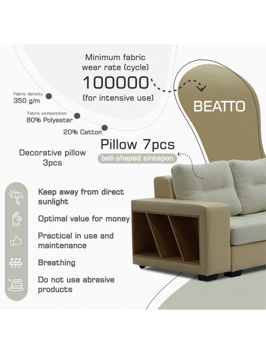 Բազմոց HOBEL CORNER CORONA CREAM PHANTOM 3/ CREAM BEATTO 1065 L (7) 