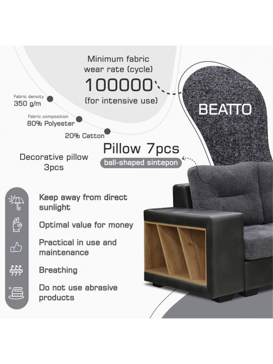 Բազմոց HOBEL CORNER CORONA GREY PHANTOM 14/ DARK GREY BEATTO 1079 L (7) 