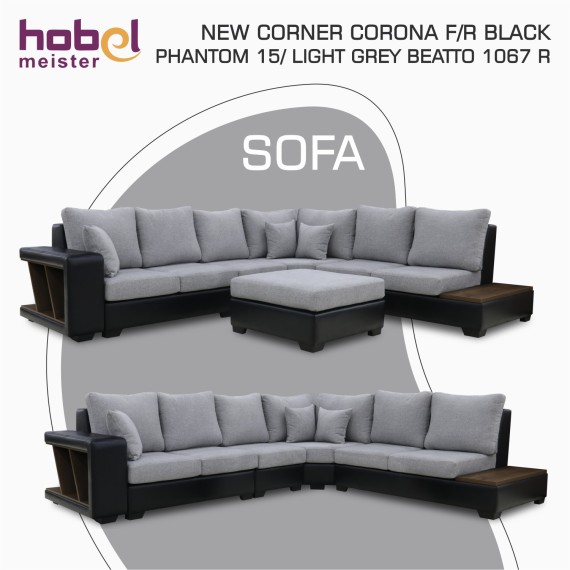 Sofa HOBEL NEW CORNER CORONA F/R BLACK PHANTOM 15/ LIGHT GREY BEATTO 1067 R (10) 