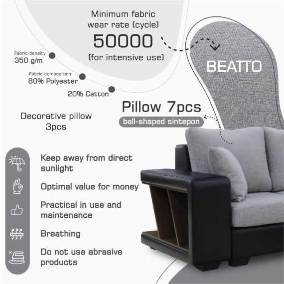 Sofa HOBEL NEW CORNER CORONA F/R BLACK PHANTOM 15/ LIGHT GREY BEATTO 1067 R (10) 