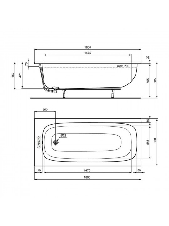 Ванна IDEAL STANDARD IS 1 LIFE TUB RECT 180X80 WHITE (T476201)