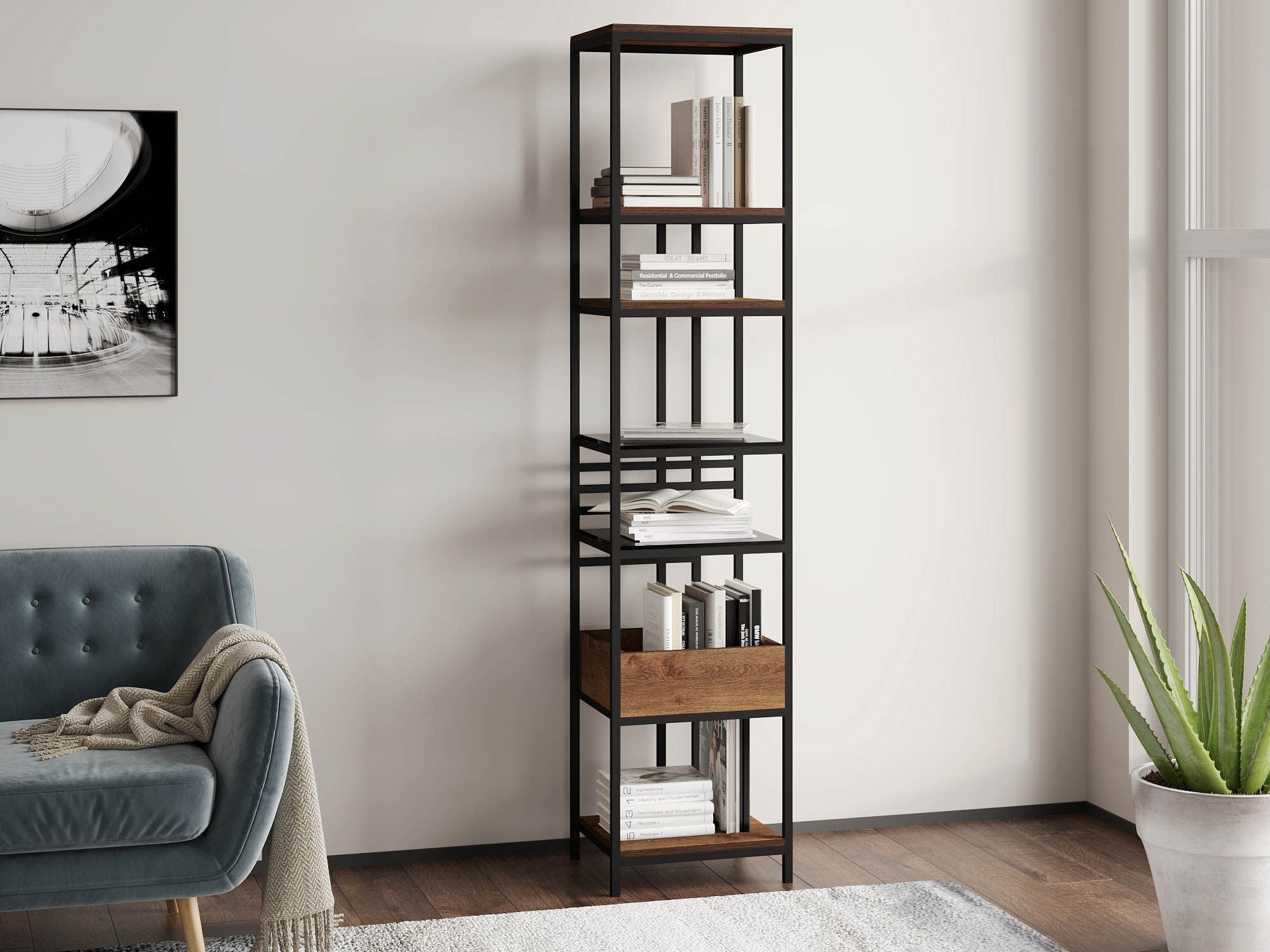 წიგნის კარადა და თარო HOBEL LANFEN M-112 BLACK/GLASS FM/K090 (1)